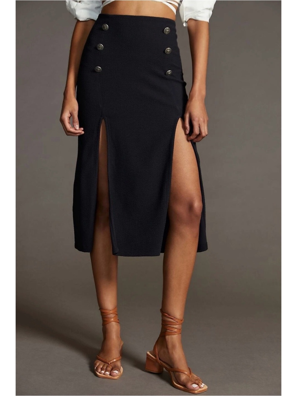 Maeve Anthropologie Black Dual Split Button Front Sailor Midi Skirt Size 8
